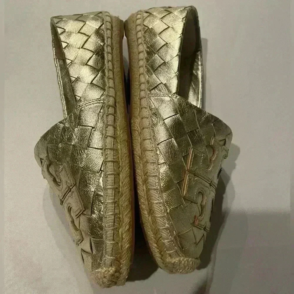 TORY BURCH Woven Leather Espadrille Flats 5 Loafer Gold Metallic Leather Ines